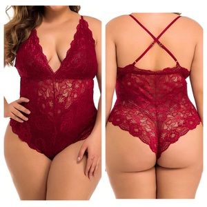 Women Plus Size Lace Wine Bodysuit Teddy Lingerie One Piece Babydoll